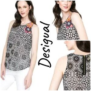 Desigual Dixit Embroidered Semi-Sheer Tank, Medium